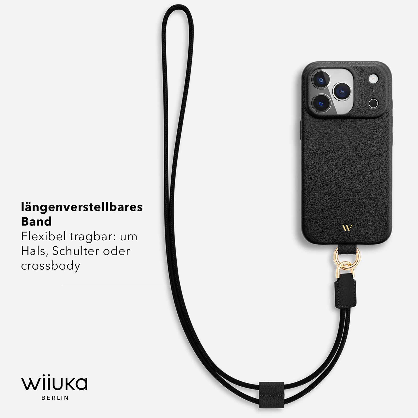 WIIUKA Funda para iPhone 17 Pro, piel de Alemania, funda de piel para teléfono móvil, funda para teléfono móvil, funda para teléfono móvil, funda de cadena, correa de cuello, lazo de esquí, negro