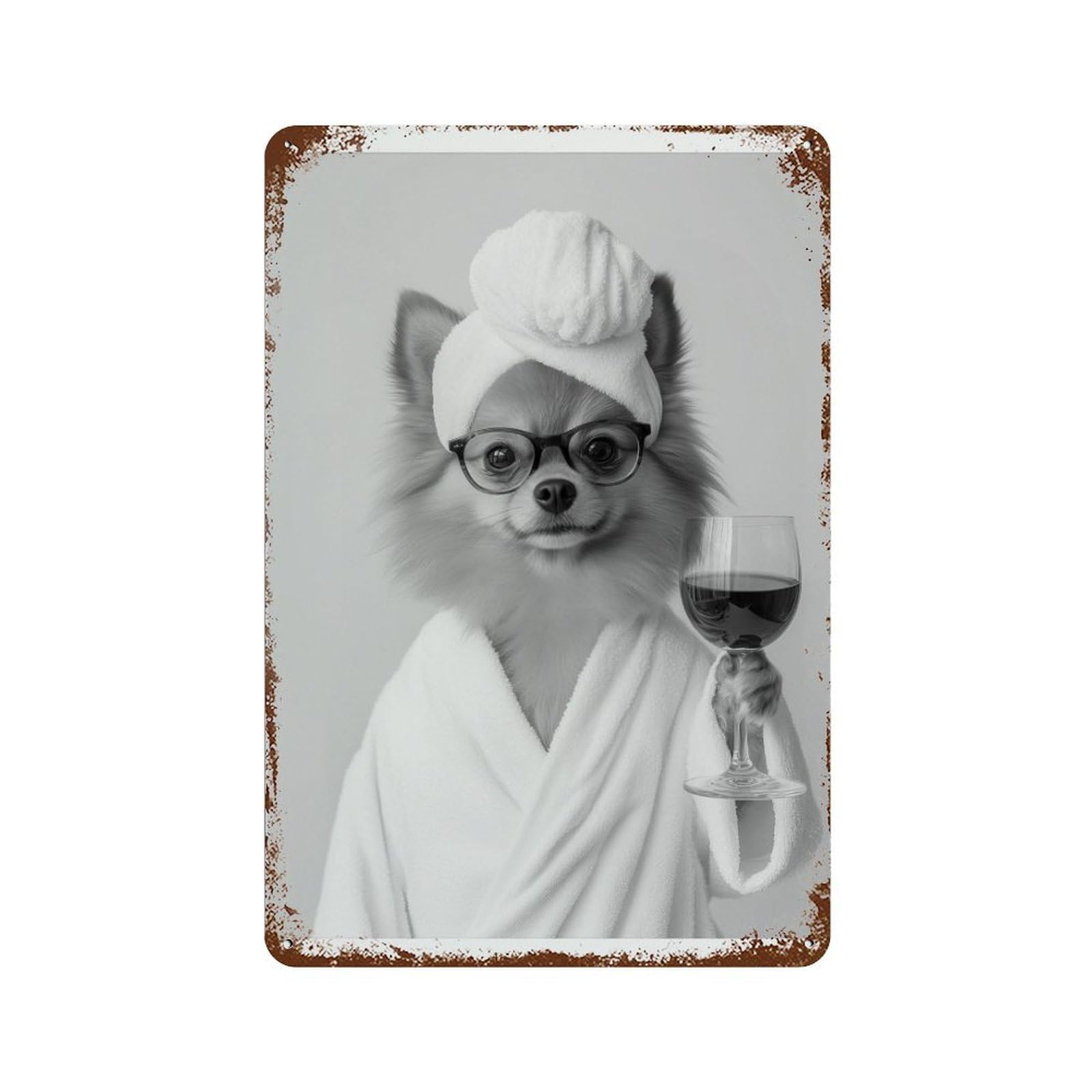 xiaoxiaoshen Pomeranian in Bathrobe With Wine Wall Decor Art Metal Tin Poster Modern Home Decor Art Home Bar Shop Decorations Vintage Sign 30x20cm