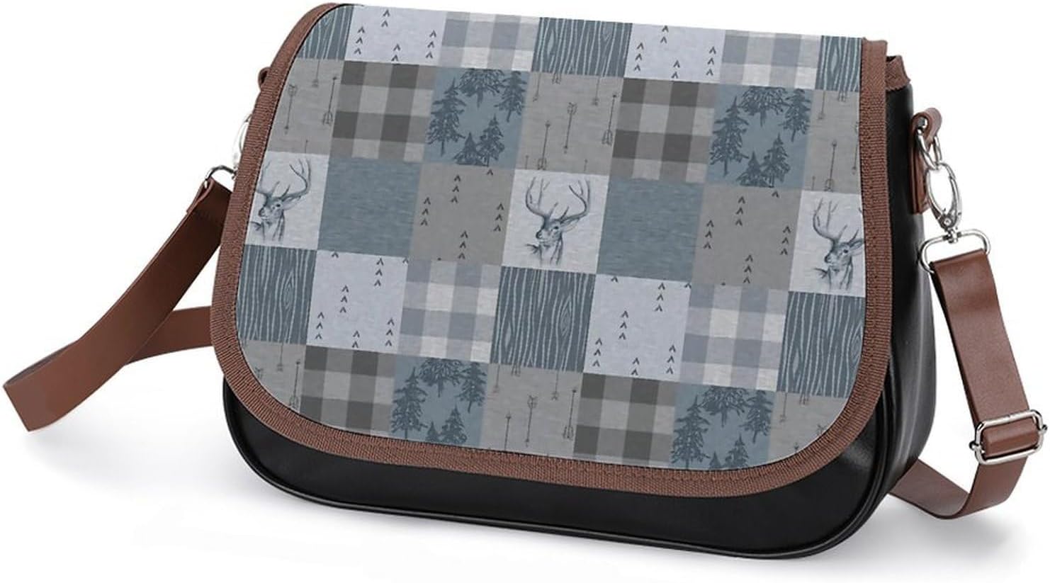 Deer Patchwork - Rustic Blue And GreyWomen's Faux Leather Crossbody Bag, Waterproof Wrinkle-Resistant Shoulder Bag with Detachable Strap, Large Capacity Casual Handbag, Fashion Daily Purse for Shoppin
