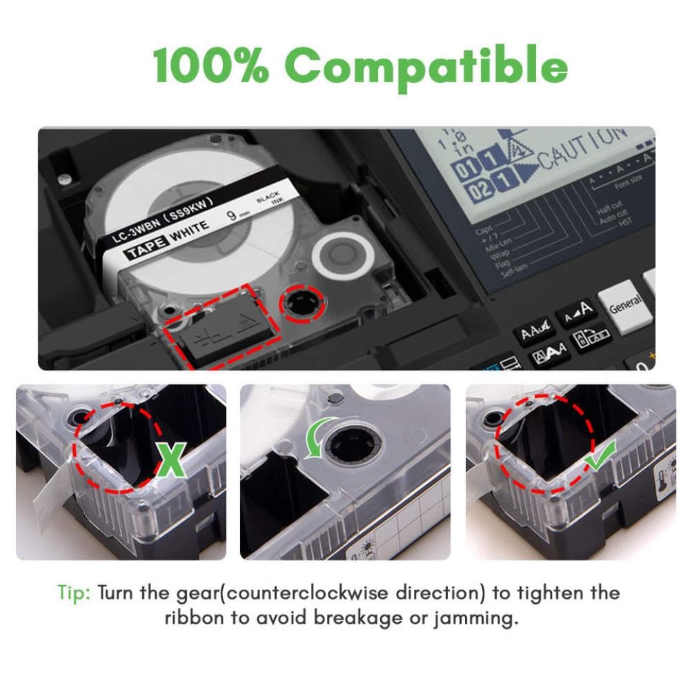 3PK Cinta SD9KW de 9 mm, Blanca sobre Negra, Compatible con la rotuladora SD9KW LK-3BWV LW-300 LW-400