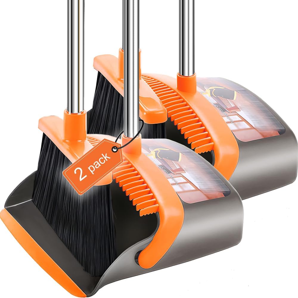 2-pack upgraded broom and dustpan with 52" handle