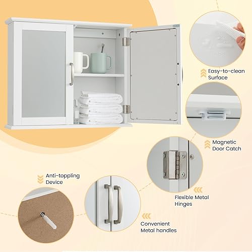 Miniatura 5 de COSTWAY Botiquín de baño con espejo, armario de almacenamiento montado en la pared con 2 puertas, armario de pared de baño sobre el inodoro,