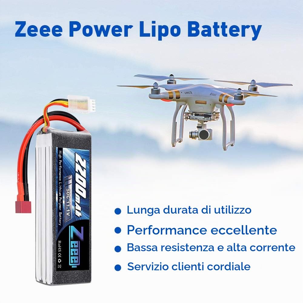 Zeee 3S Lipo Batteria 11,1V 50C 2200mAh Batteria RC con T Spina (2 pezzi)