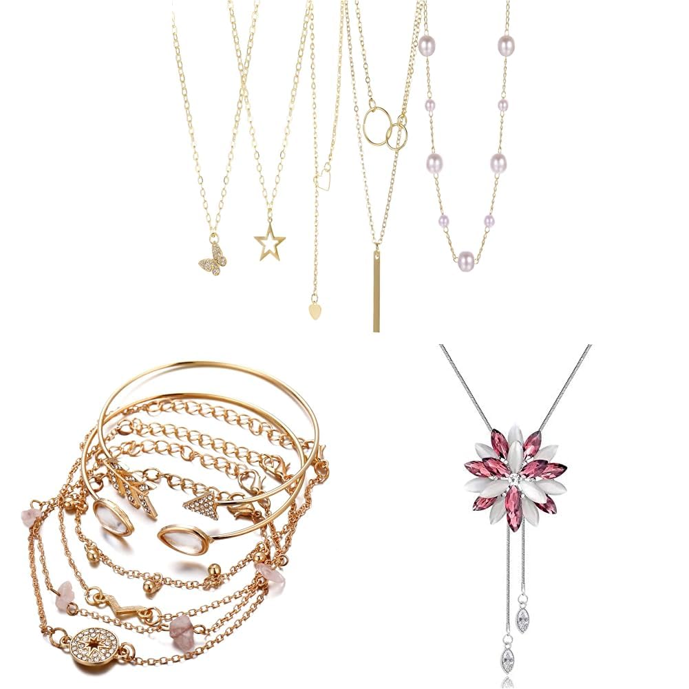 Shining Diva Fashion Women’s 5 Pcs Butterfly Pearl Necklace Set (15842Np) Bangle Bracelet (Rr14669B) Set Of 6 Silver Plated Pendant (Pink, 10733Np)