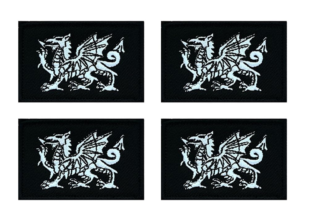 4 PCS United Kingdom British Union UK Wales Welsh Dragon Embroidered Tactical Emblem Patch Iron On/Sew On Applique Patch for Clothing,Jacket,Jeans,T-Shirt,Jersey,Repair,Craft,Hat,Pants(Black)