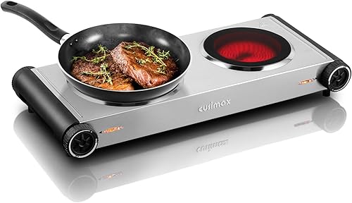 Miniatura 1 de Cusimax Estufa eléctrica portátil para cocinar con control de temperatura de potencia de 1800 W, placa caliente eléctrica doble, quemador infrarrojo