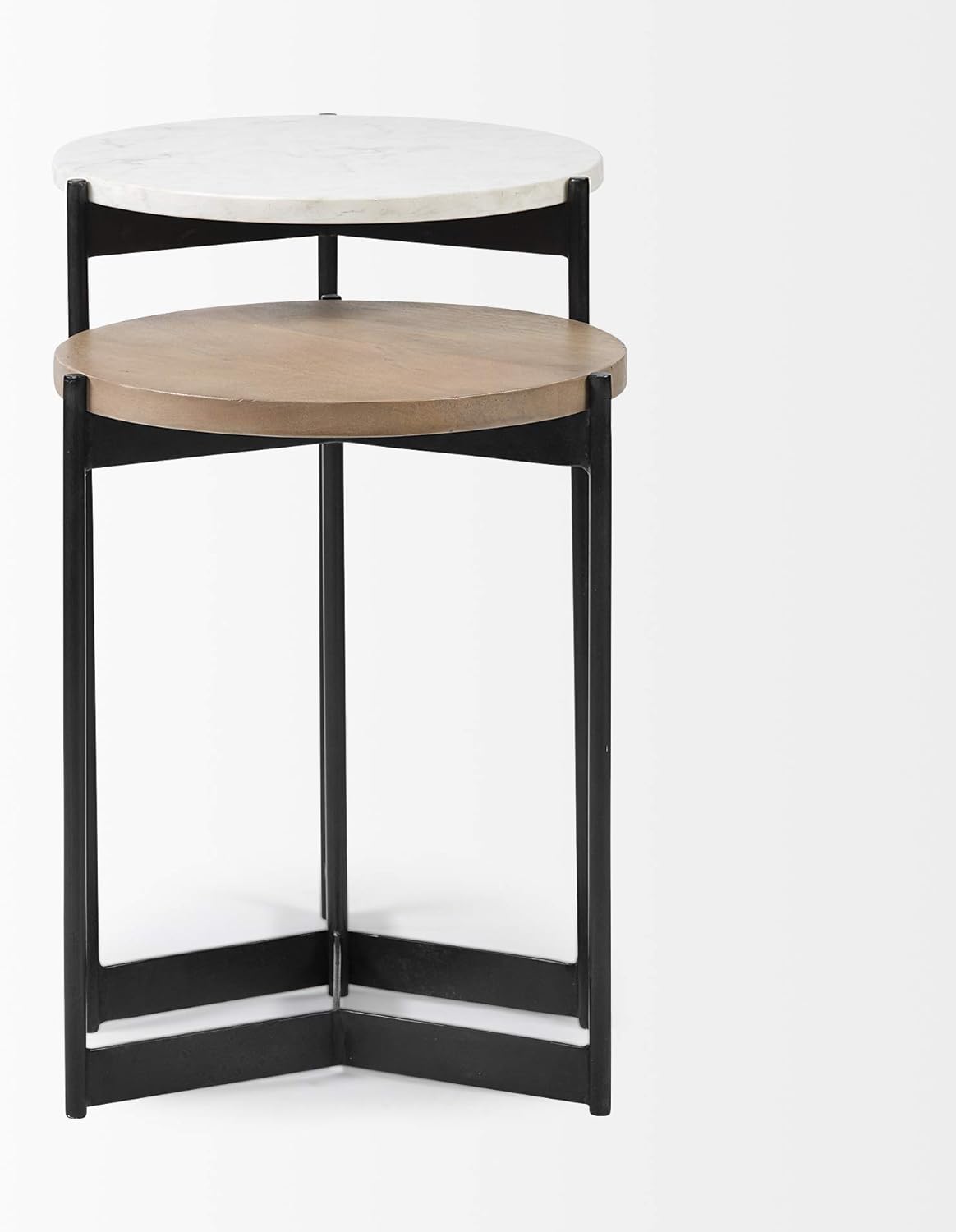 HomeRoots Black Metal Set of 2 Medium Brown Wood Round Top Side Tables with Marble Nesting