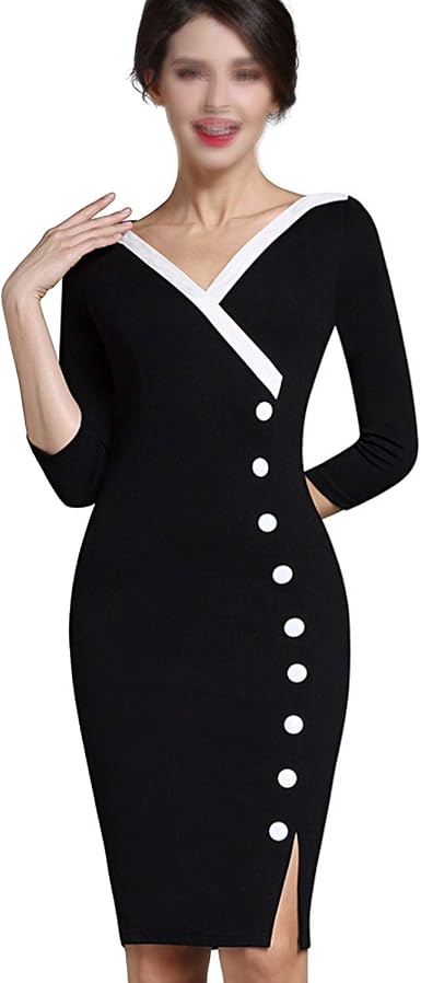 Amazon.com: Bodycon Vestidos Mature Vestido elegante sexy cuello en V  elegante botón oficina 3/4 manga vestido de sábana : Ropa, Zapatos y Joyería