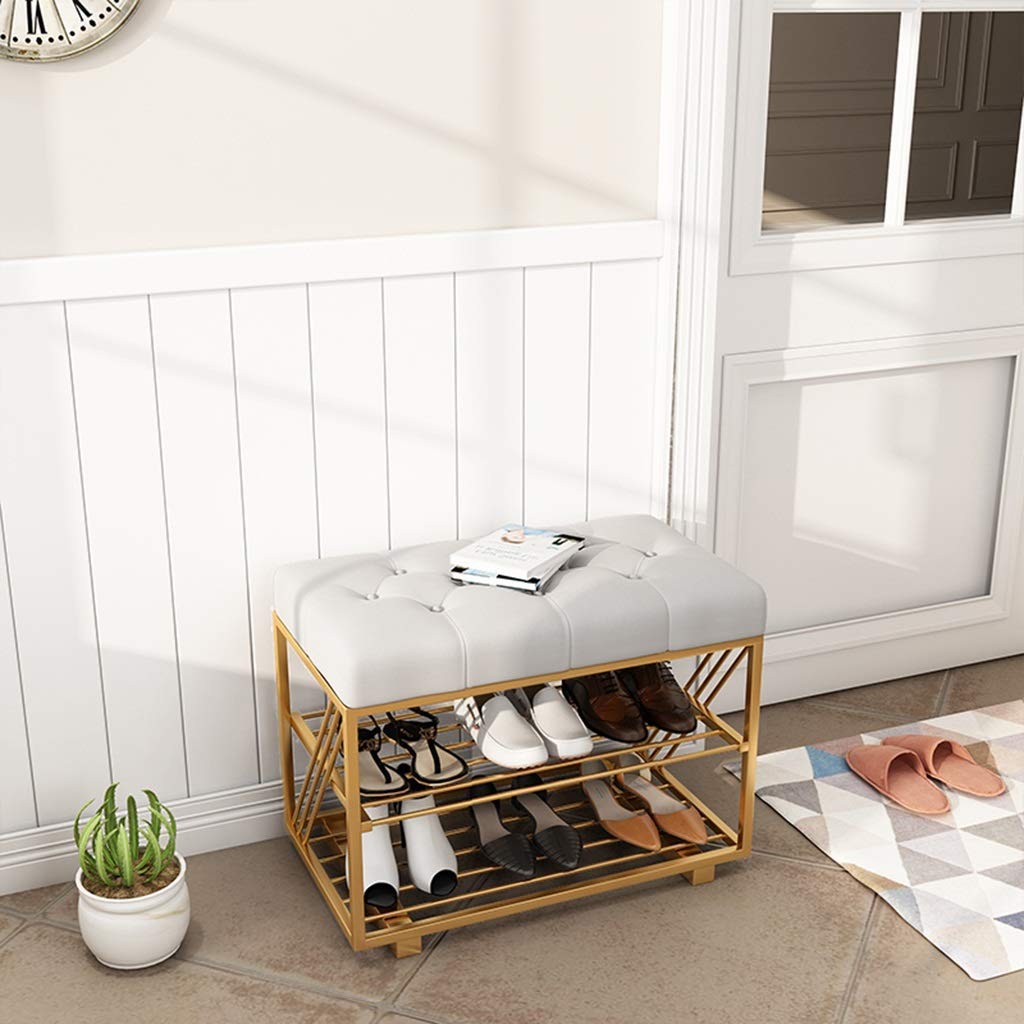 Nordycka minimalistyczna dwuwarstwowa ławka na buty i stołek do przewijania z flanelową poduszką kute żelazo meble wejściowe uniwersalna sofa ławka do dekoracji domu