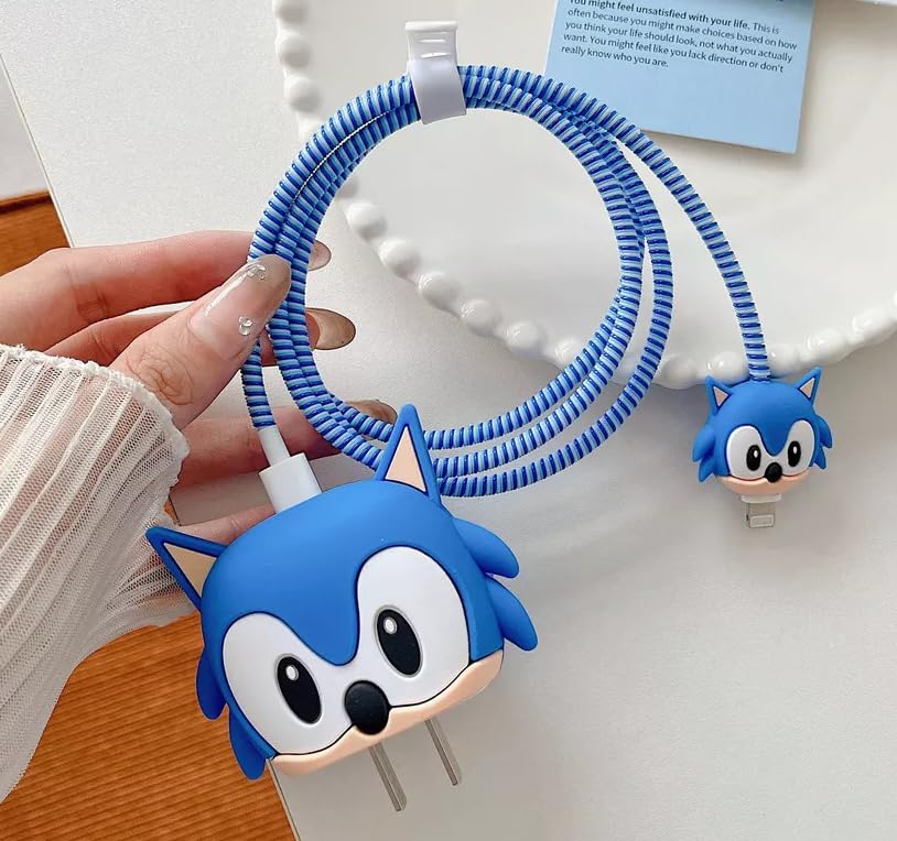 Meyaar Silicone Protective Case for Apple 20W & 18W iPhone USB-C Power Adapter Charger and for USB Lightning Cable, 3D Cartoon Case for iPhone Charger 18W/20W Only (Son.ic (Blue))