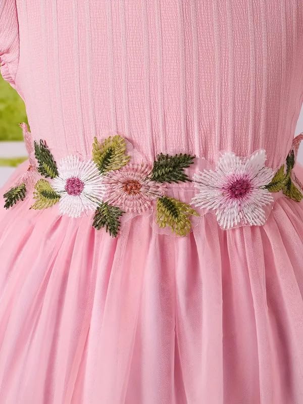 Image of Niren Enterprise Girls' Lilac Flower Waist, Tulle Skirt, Puff Sleeve, Elegant Birthday, Soft Lining Dress