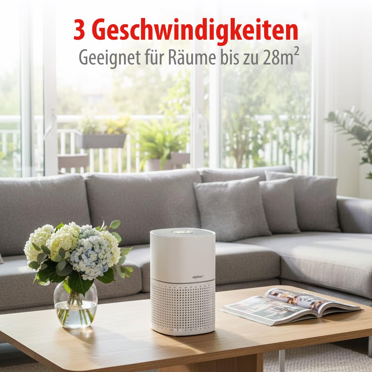 alpina Luftreiniger mit Ionisator - Air Purifier mit HEPA-Filter H11 - Luftfilter mit 3 Geschwindigkeiten - Lufterfrischer mit Timerfunktion - Stille Nachtmodus Räume bis 28 m² Weiß