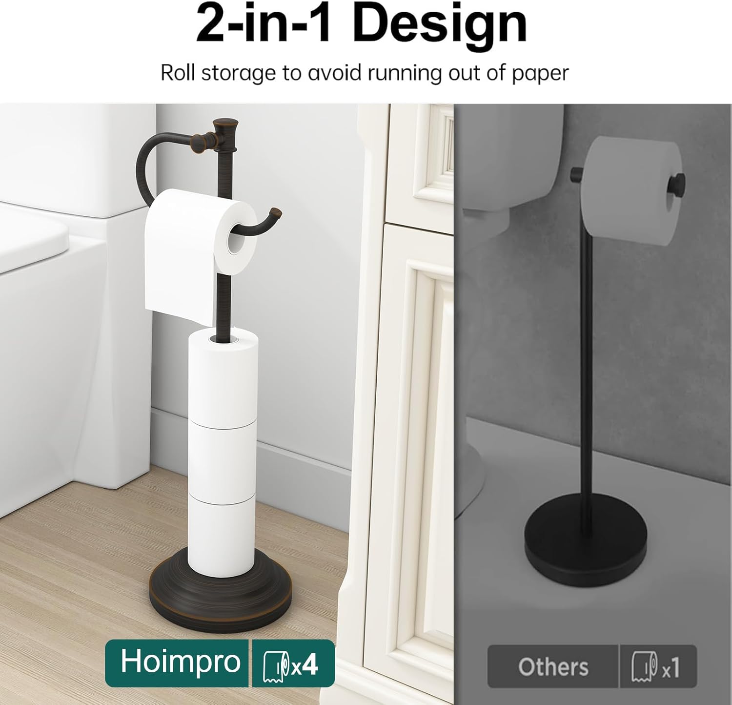 Hoimpro 25" Toilet Paper Holder Free Standing, Floor Bathroom Toilet Paper Tissue Roll Holder with Shelf Stand for 4 Rolls with Storage, Freestanding Handle Hardware Accessories Rack Oil Rubbed Bronze