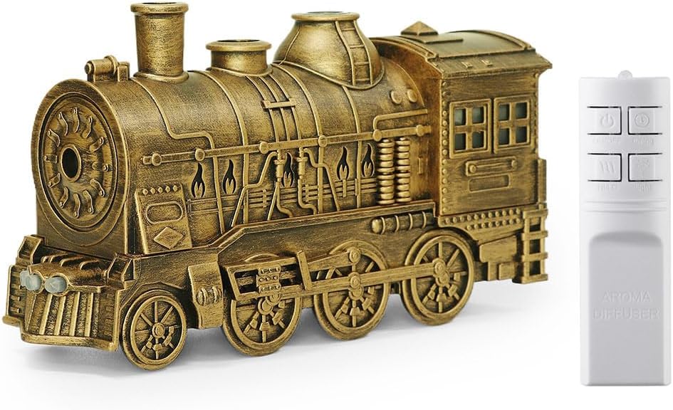 300ml Vintage Steam Train Aromatherapy Essential Oil Diffuser and Humidifier with Dual-Color LED Light (Standard US Power Supply/Bronze)