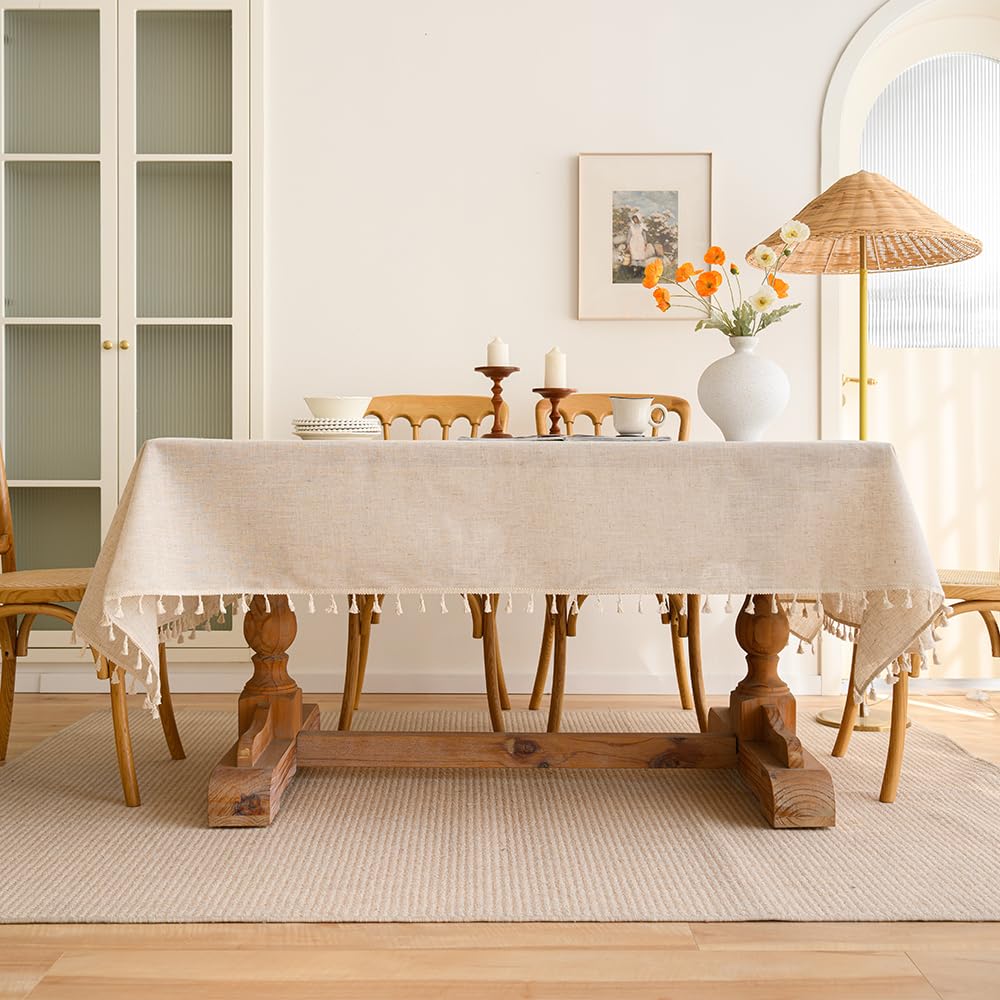 Anaado Cotton Linen Table Cloth for Dining Table 8 Seater, Table Cover Picnic Tabletop Decorations, Beige, 140x260 cm