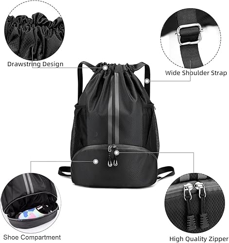 Miniatura 5 de Mochila con cordón para hombres y mujeres, bolsa impermeable con cordón con compartimento para zapatos, bolsillo a prueba de humedad y bolsillo