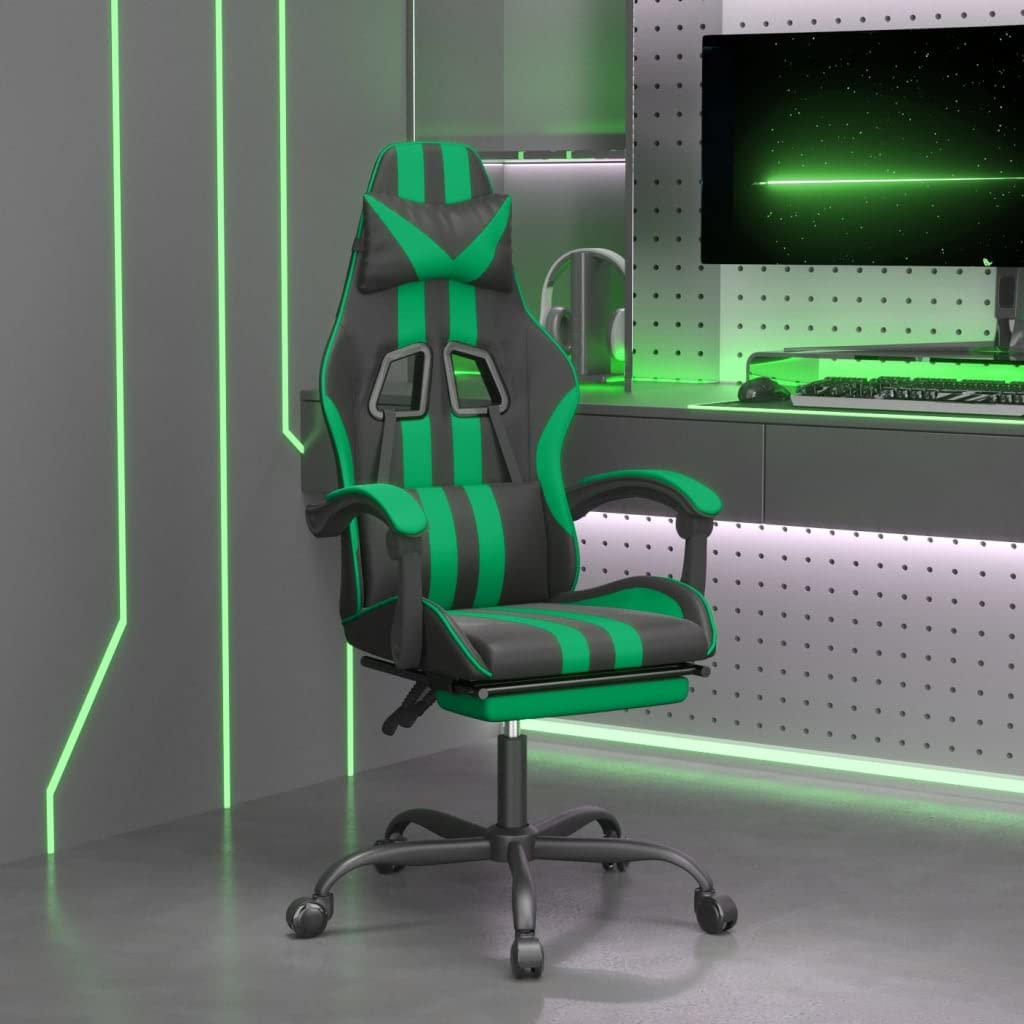 Sedia da gaming con poggiapiedi e schienale regolabile, in ecopelle, nera, verde, sedia girevole ergonomica con braccioli e supporto lombare, per ufficio e giochi