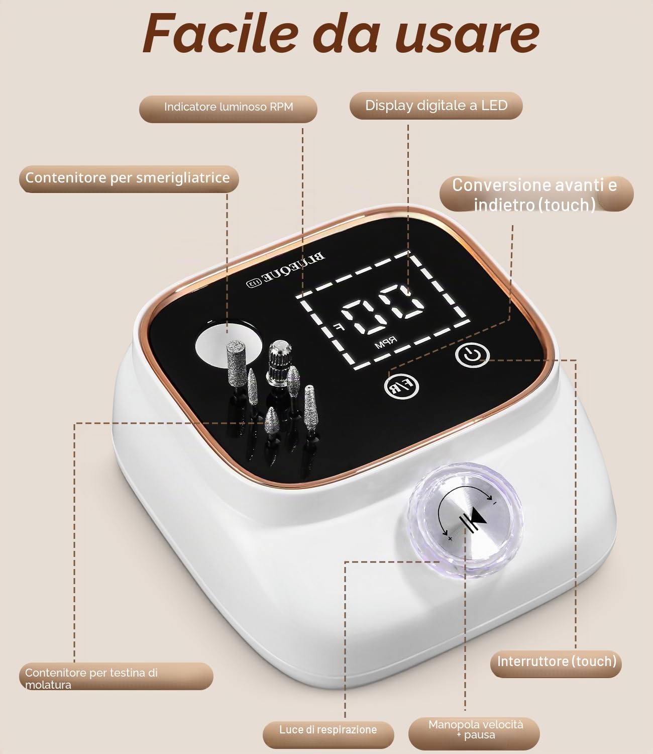 Zawaer Fresa per Unghie 45,000RPM, Professionale Lima Elettrica per Unghie, Touchscreen, con Punta in Ceramica Kit Unghie, Salone Manicure Set e Pedicure Elettrico per Semipermanente Gel Oro