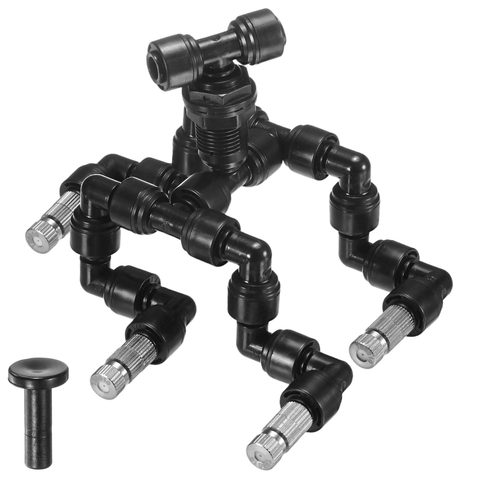 Dysze zraszające dla gadów, miedziane, 0,8 mm, 1/4" z czterema głowicami i filtrem do terrarium/wiwarium, dysza regulowana w zakresie 360 stopni [czarne]