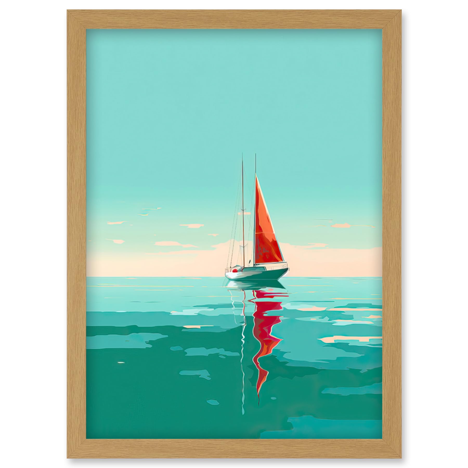 Artery8 A Sailboat with a Red Sail Sailing on a Calm Sea Artwork Framed Wall Art Print A4