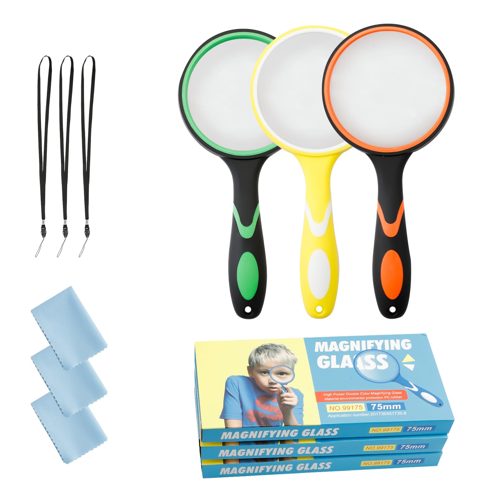 Jiayaus 3PCS Magnifying Glass, 10X Handheld Kids Magnifying Glasses with Rope and Cloth, 75mm Magnify Glass Lens with Non-Slip Handle, Reading Magnifier for Seniors, Hobby, Science, Insects