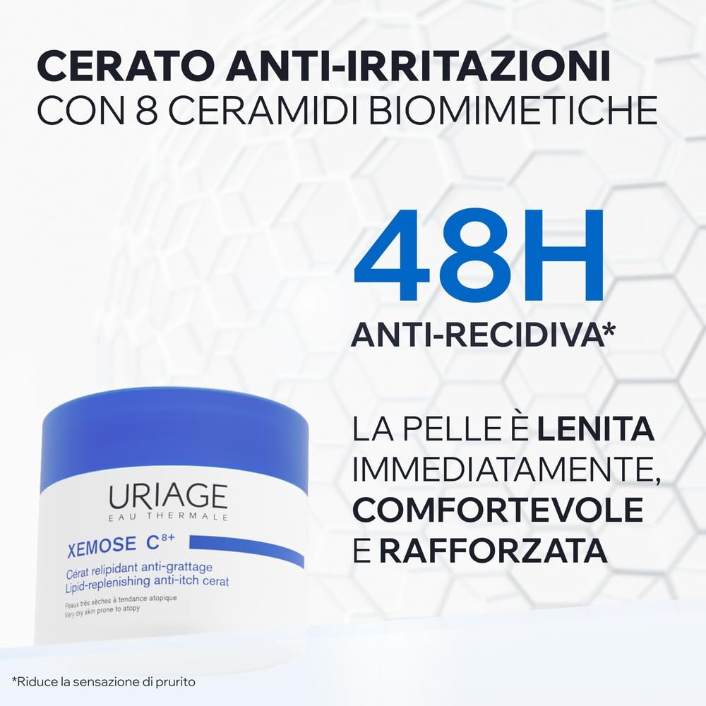 Uriage Xemose C8+ Cerato anti-irritazioni per pelle molto secca soggette ad eczema atopico con Burro di Karité 25% - Cerato molto ricco che si scioglie per lenire le sensazioni