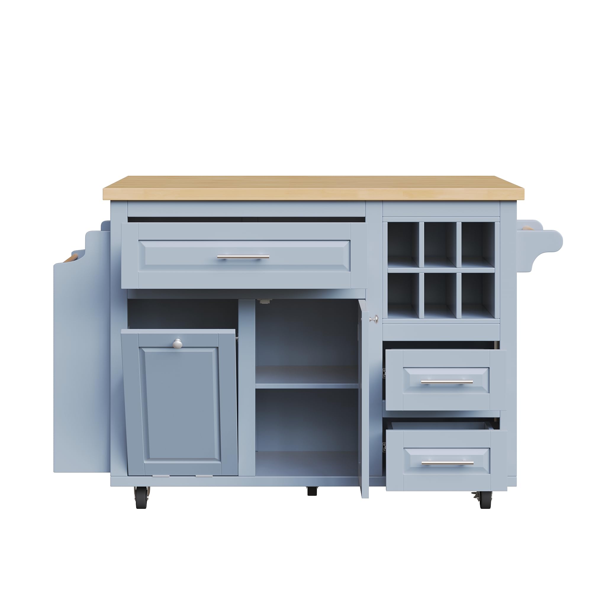 Isola da cucina mobile, carrello da cucina, tavolo da pranzo estensibile, armadietto da cucina con cassetti, cestino per vino rimovibile, scaffale laterale per snack, pattumiera, 143 x 75
