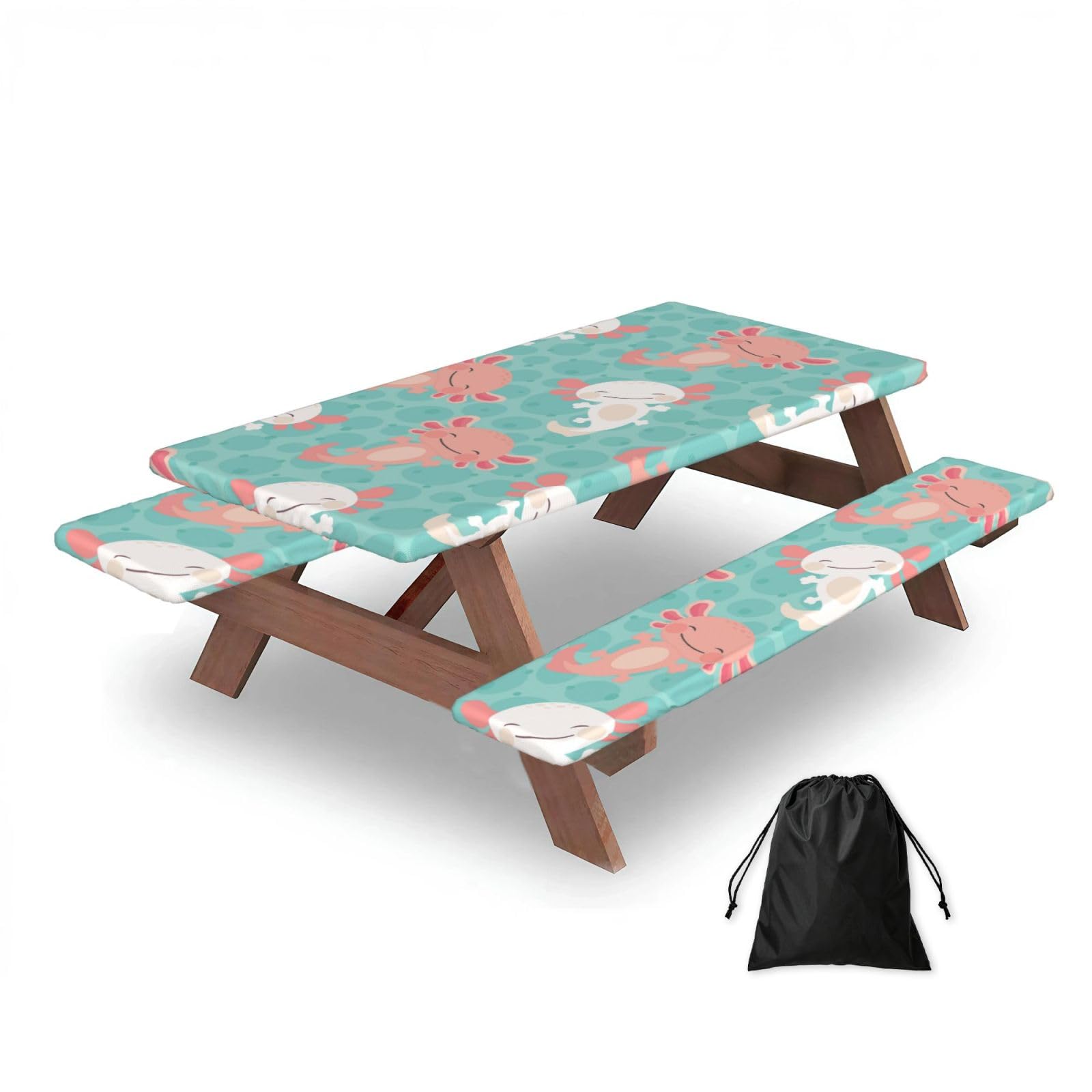 Dopklna As Picture Kawaii Baby Cute Axolotl, Picnic Table Cover With Bench Covers -Waterproof Elastic Fitted Tablecloth For Garden Camping Patio 76X152cm
