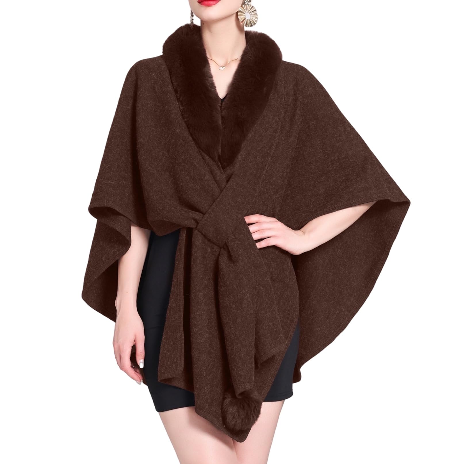LIUYUYOUGO Women Winter Faux Fur Shawl Stole Warm Wrap Cape Shrug With Fur Collar Knitted Poncho Elegant Open Front Knitted Cardigan Winter Woolen Coat Ruana Cloak Coffee