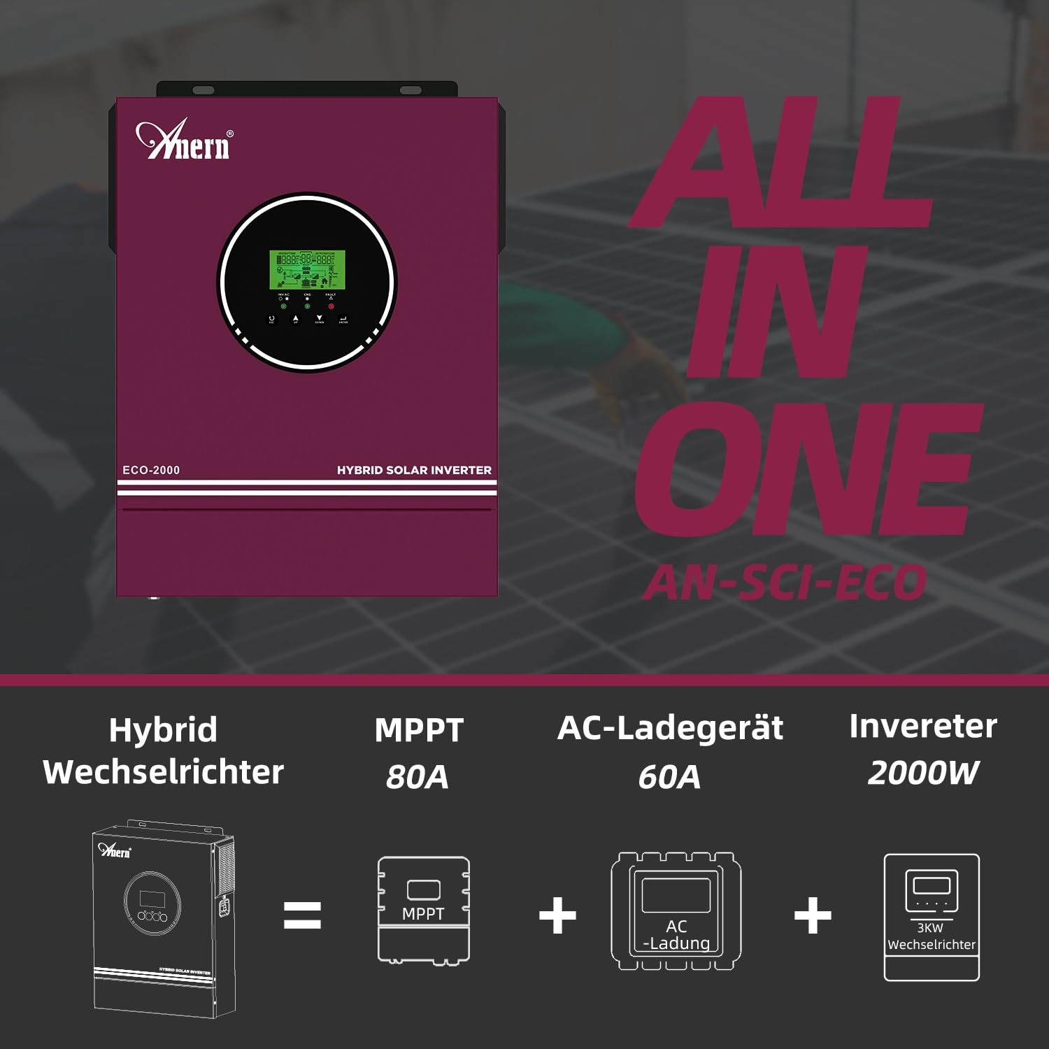 Anern Inverter Ibrido Solare 2000W 12VDC su 220V/230VAC con Regolatore Solare 80A, Inverter Sinus Puro PV 30~400 V, per Batterie al Litio 12V