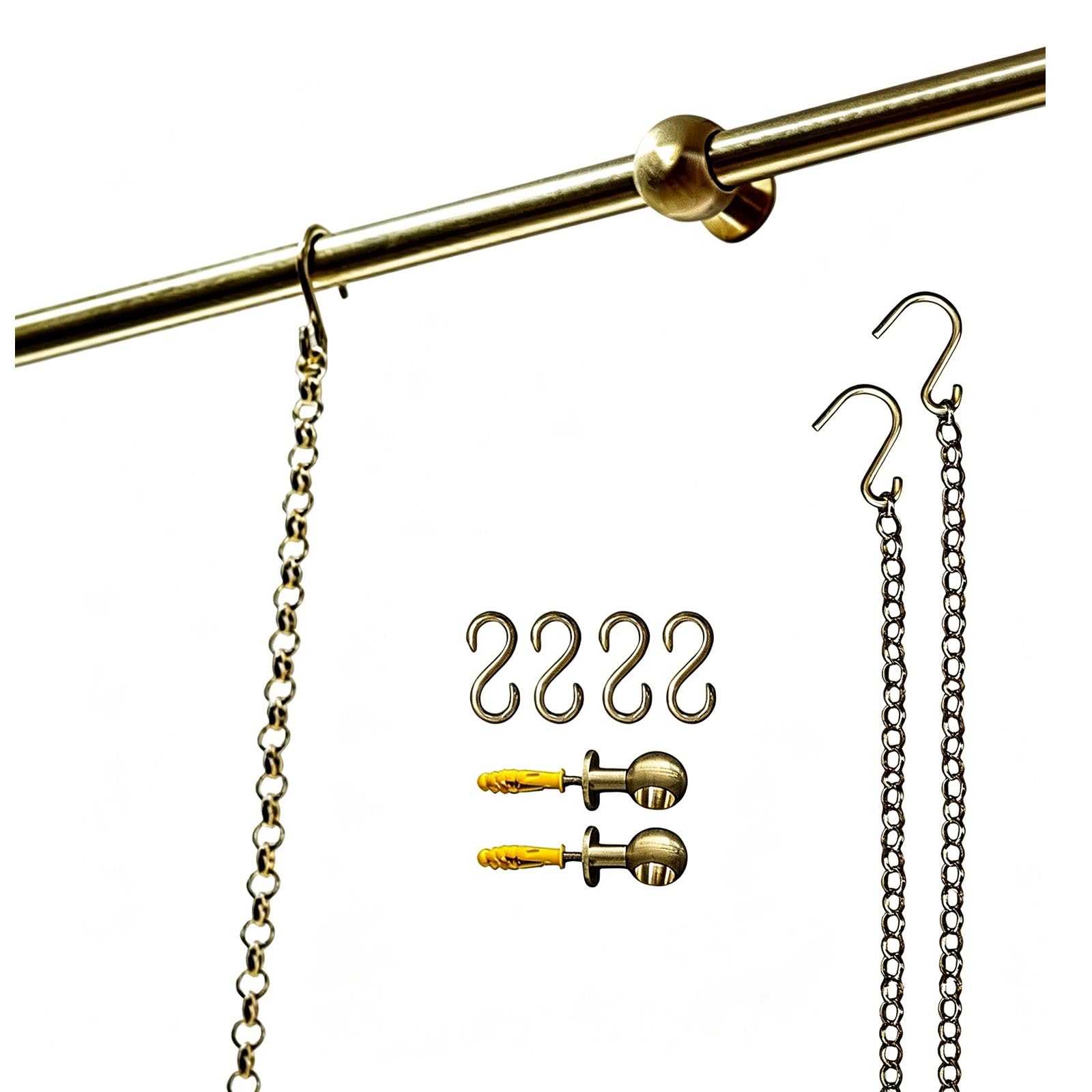 BiSaXieTa Brass Picture Rail Hanging System, Art Picture Hanging Track, Adjustable Chains & S Hooks, for School, Porch, Gallery Wall(0.9m(35.4") Rod)