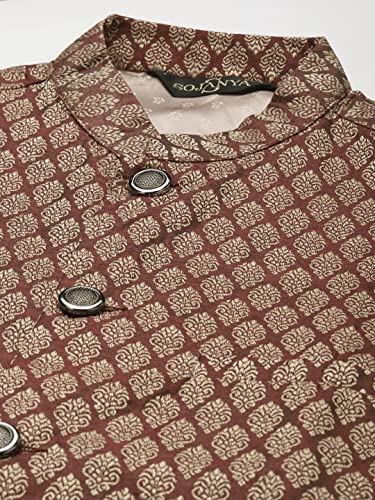 Image of SOJANYA (Since 1958 Men's Silk Blend Off White Kurta Pyjama & Maroon Self Design Nehru Jacket Combo