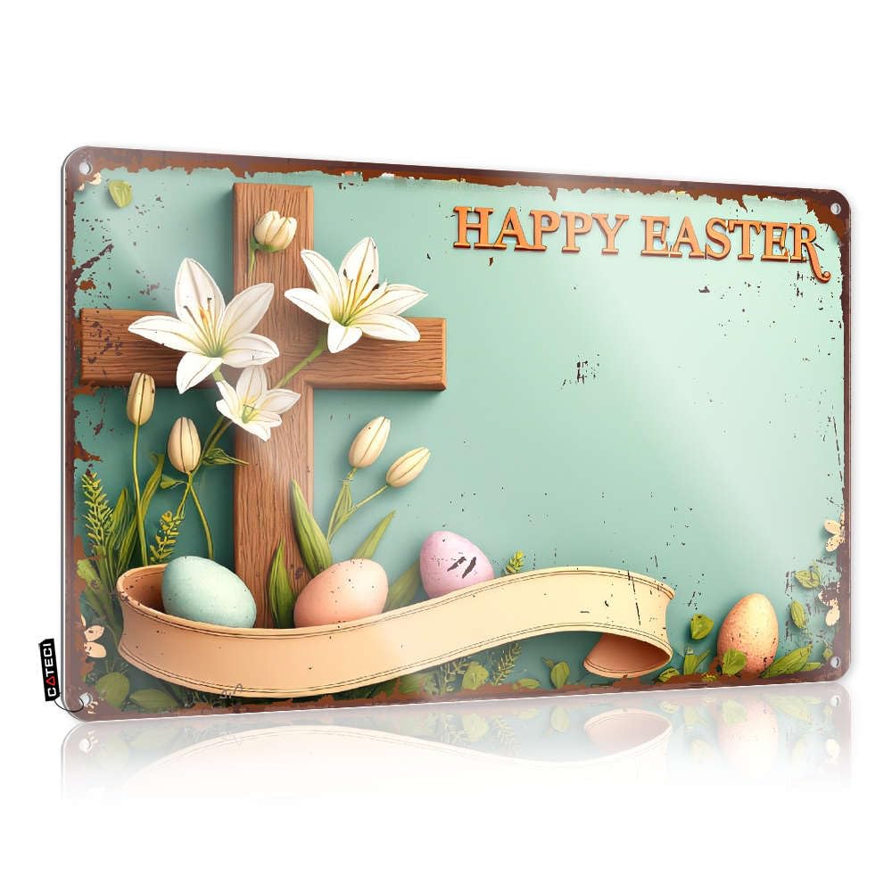 Wooden Cross With Flowers And Eggs, "happy Easter" Banner. Plaques Statue Decorative | Country Housewarming Gift Hanging Art For Garage Bar Living Room(30X40CM)