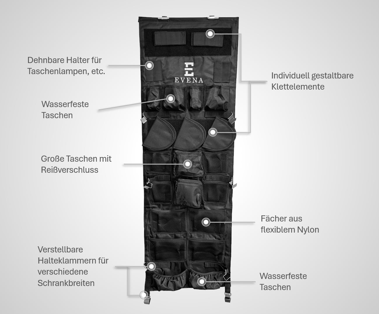 Tür-Organizer Panel für Safe und Schrank - Verstellbar verstellbar 120 x 40 cm - Robuste und anspassbare Aufbewahrung für Outdoor Ausrüstung Zubehör und Tools