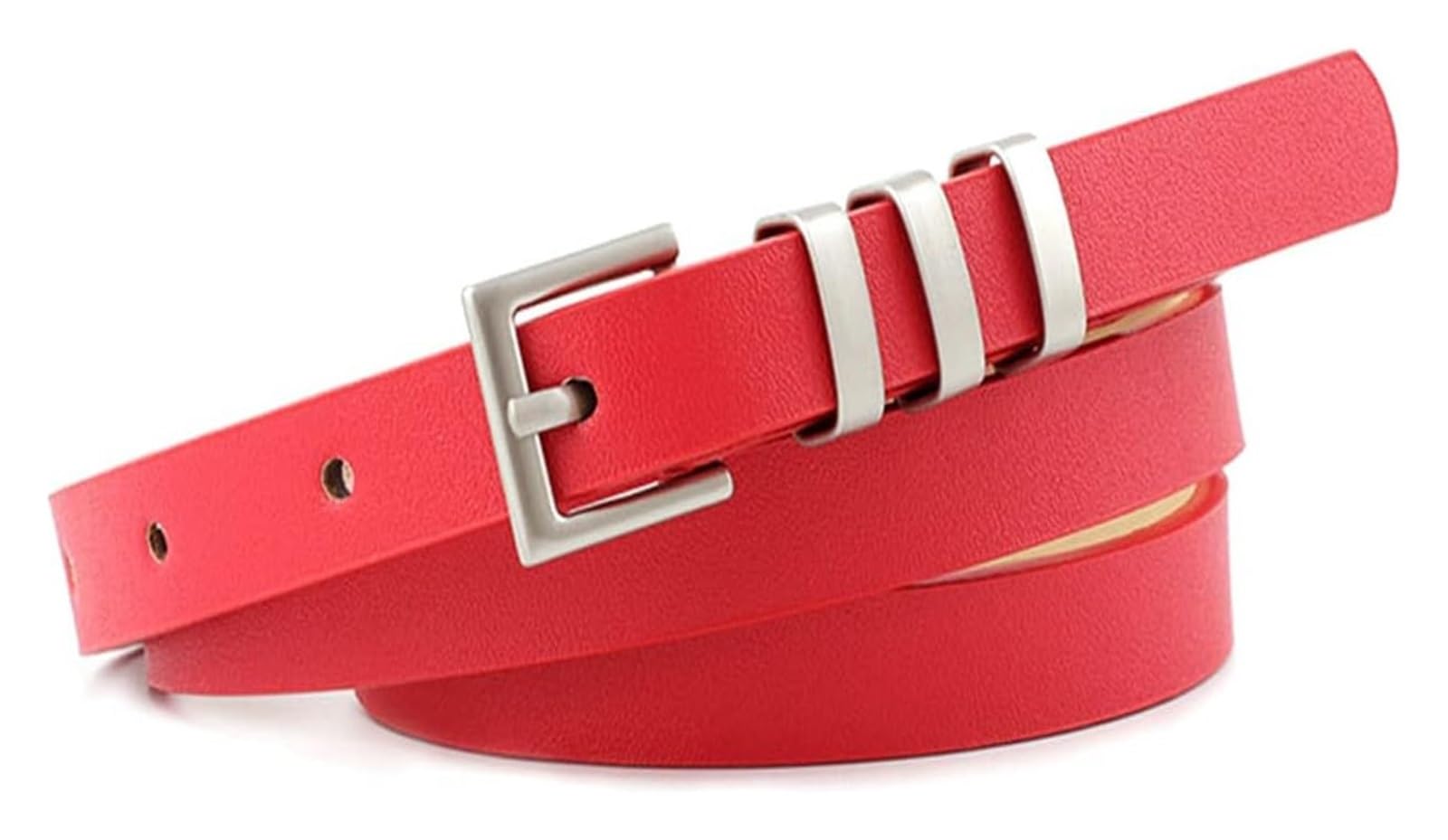 dfEDRd Ladies Waist Belt, 105cm Ladies Simple Thin Pure Color Leather Belt Women Silver Pin Buckles Jeans Waistband Accessories(Red)