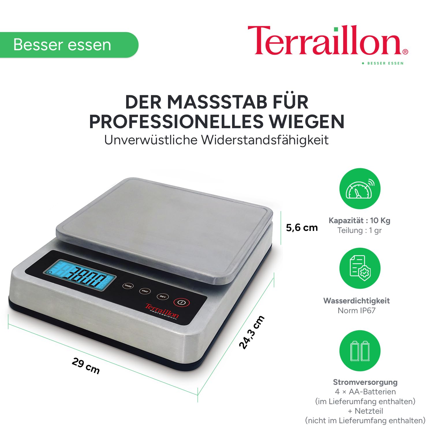 TERRAILLON - PRO 10 – Professionelle elektronische Küchenwaage, groß, abnehmbarer Tablett, Edelstahl, 29 x 18 cm, IP67, Kapazität 10 kg, Skala 1 g, LED-Display mit Hintergrundbeleuchtung – Edelstahl
