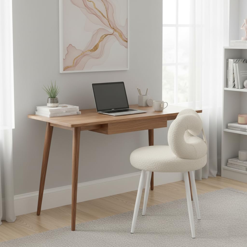 Tabouret de maquillage, dossier élégant en forme d'arc, siège rembourré en fausse laine douce, pieds en acier au carbone antidérapants, capacité de charge maximale de 150 kg, chaise de