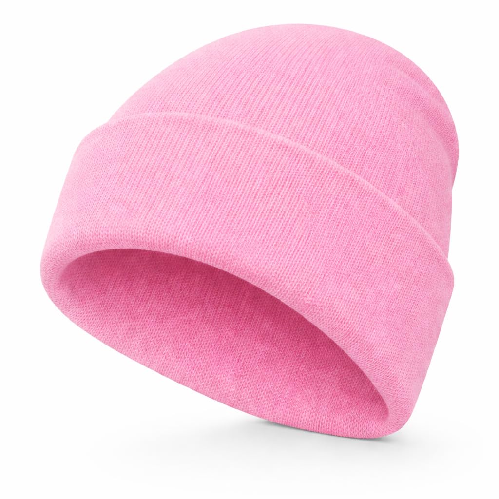 Ws Uk Unisex Kids Light Pink Kids Beanie Hat - Slouch Winter Woolly Turn Up Knitted (Light Pink)