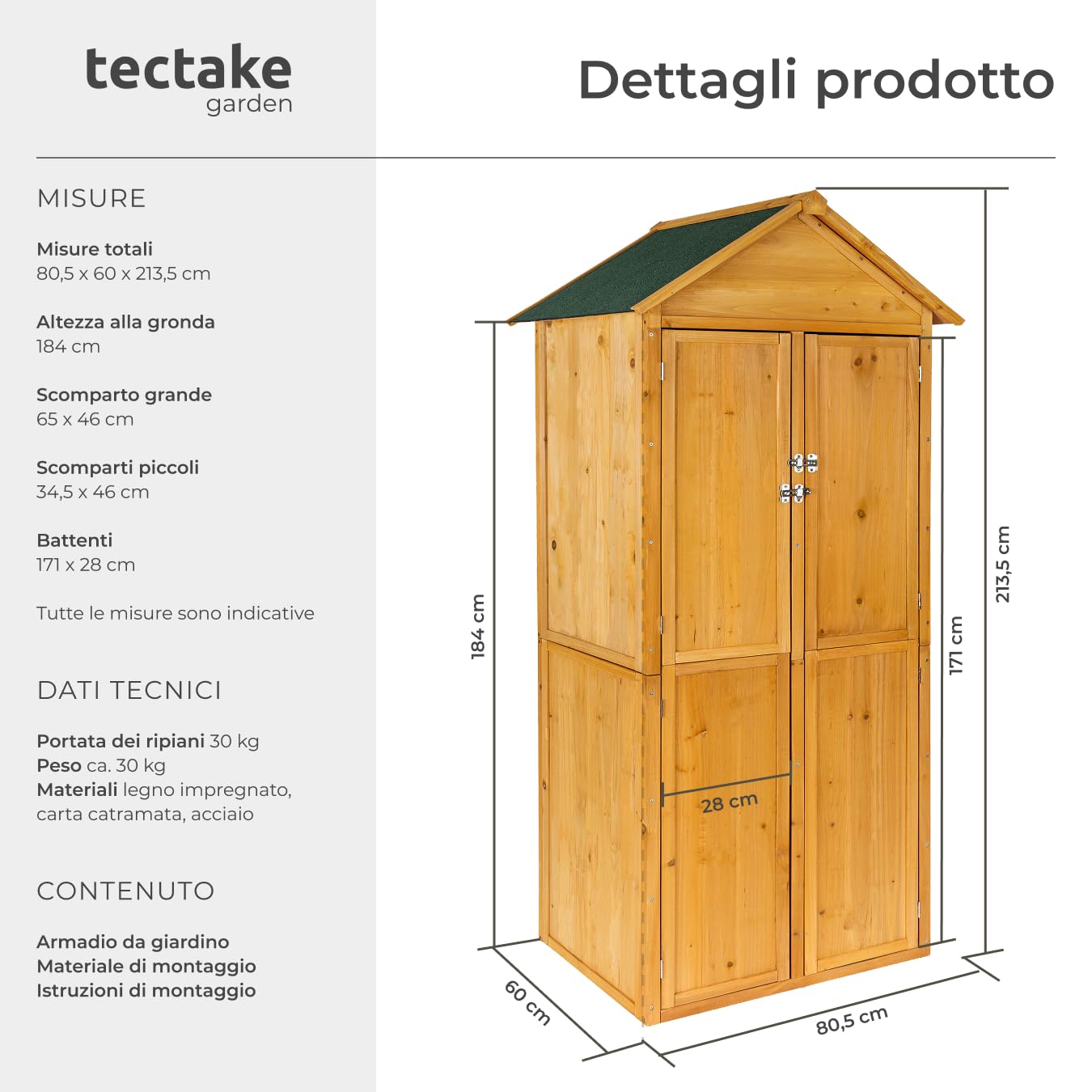 tectake® Armadio da Giardino con Tetto a Punta, Casetta Ripostiglio da Esterno con 2 Piani d'Appoggio, 2 Porte Richiudibili con Chiavistello in Acciaio, Mobile Giardino per Ricovero Attrezzi - Marrone