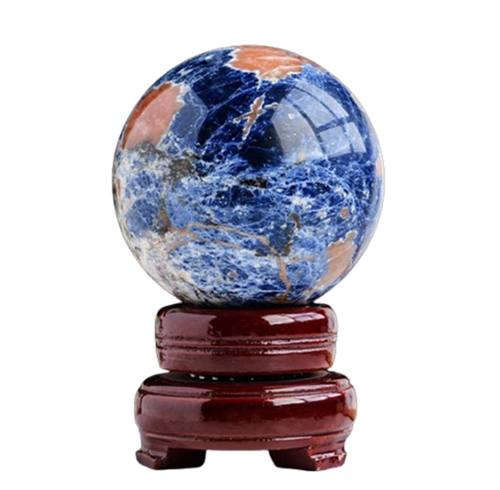 FOPURE Blue Sodalite Crystal Sphere with Wood Stand Sunstone Ball Divination Orbs Desktop Ornament for Feng Shui Gift,5~5.5cm