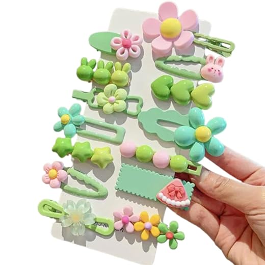 Kit 14 Presilhas de Cabelo Infantil Tic Tac - Céu e Nós - Acessórios Coloridos e Divertidos para Meninas (Temas de Frutas, Flores e Corações). Cor: Verde