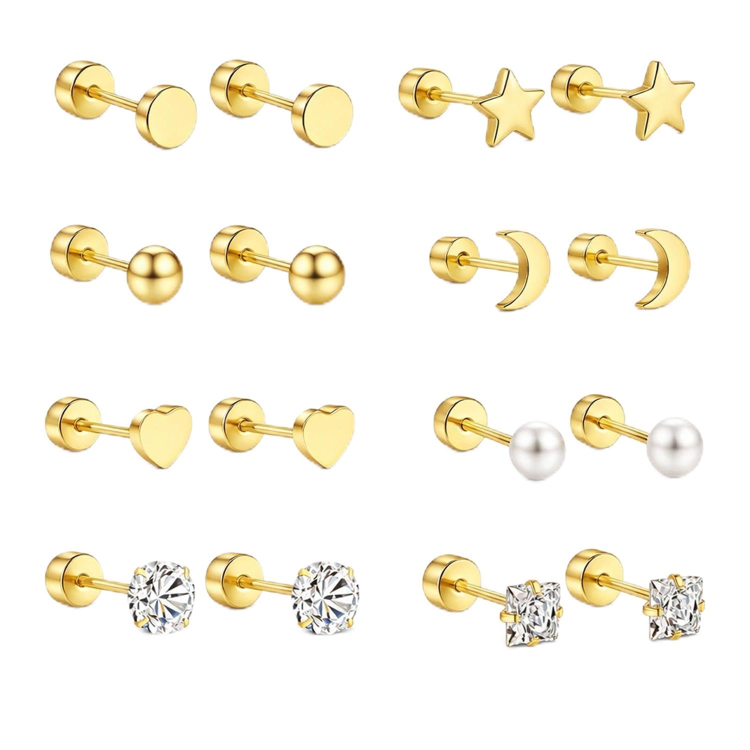 vama FASHIONS 18K Gold Plated 8 Pair Anti Tarnish Flat Back Ear Studs Heart Pearl Round Star Half Moon CZ Hypoallergenic Piercing Stainless Steel Combo Set for Women & Girls-picture-13