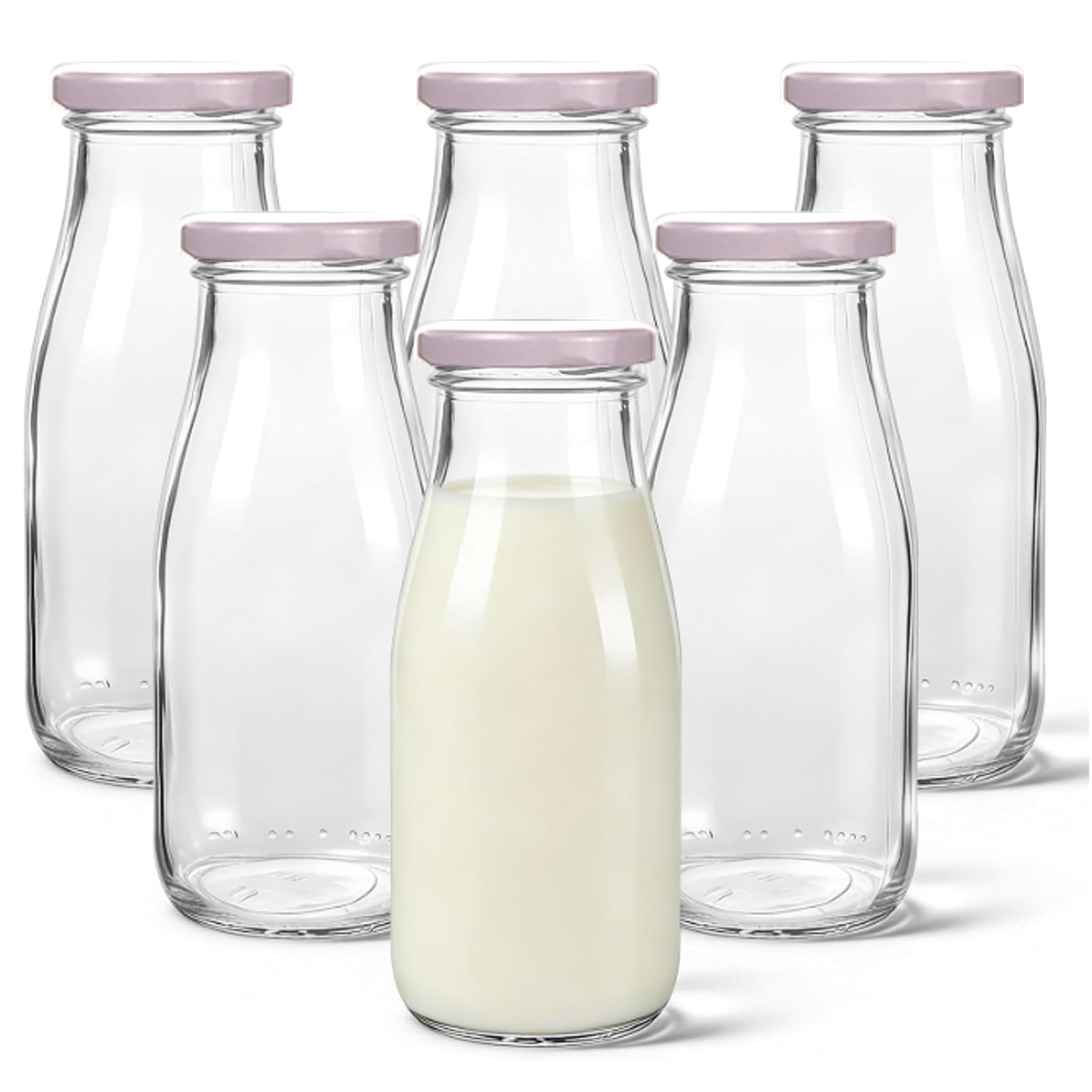 Yeelua Milk Bottles, 6Pcs Small Glass Bottles, 250ml Glass Milk Bottles with Lids, Reusable Empty Glass Juice Bottles Jam Jars for Kitchen Decoration and Wedding