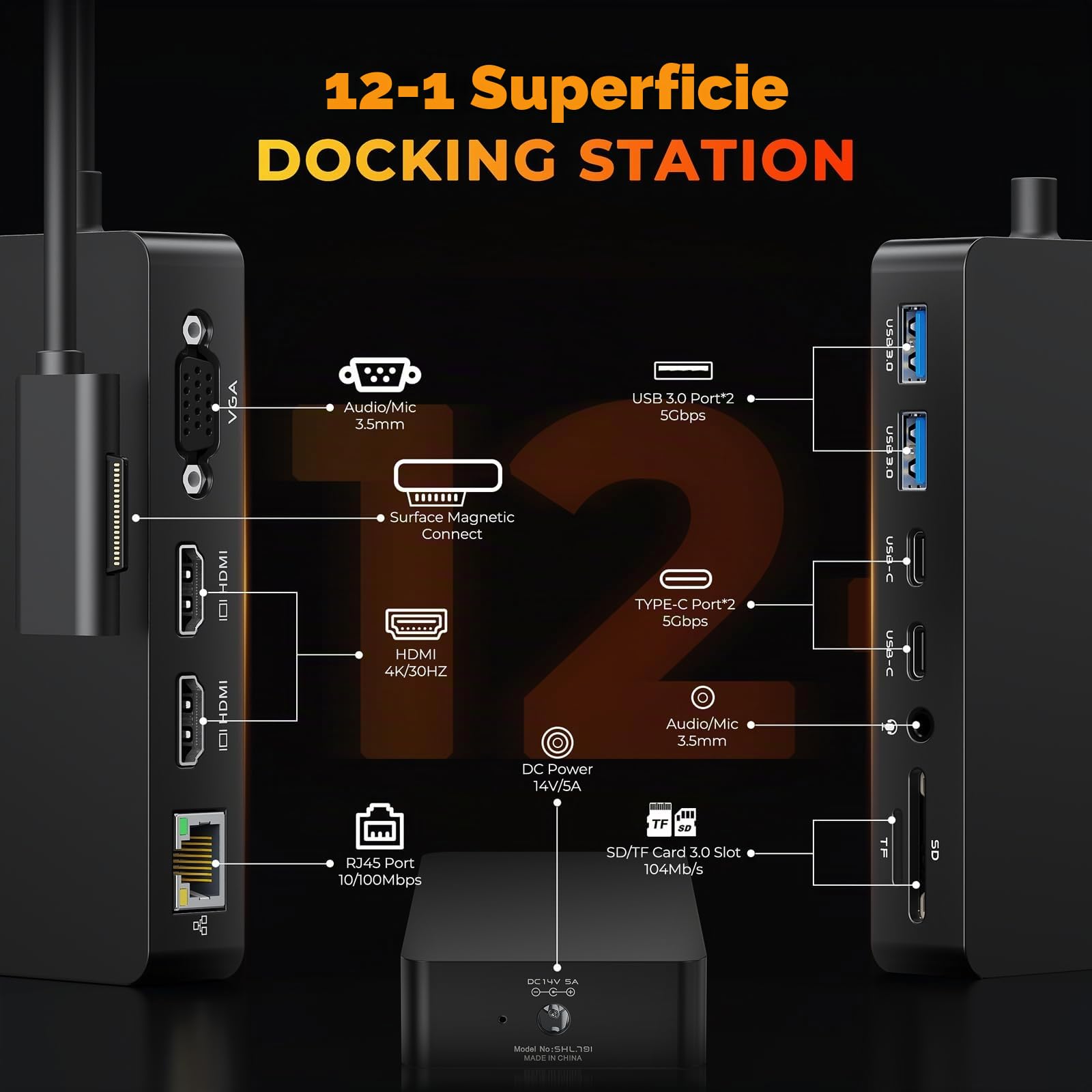 Microsoft Surface Docking Station Nuovo Surface Dock 12 in 1 con potenza 72W con 4K HDMI +VGA, Docking Station con 100Mbps Ethernet SD/TF USB PD per Surface Pro 11/10/9/8/X/7/6/5,Laptop Go 1/2/3,Book