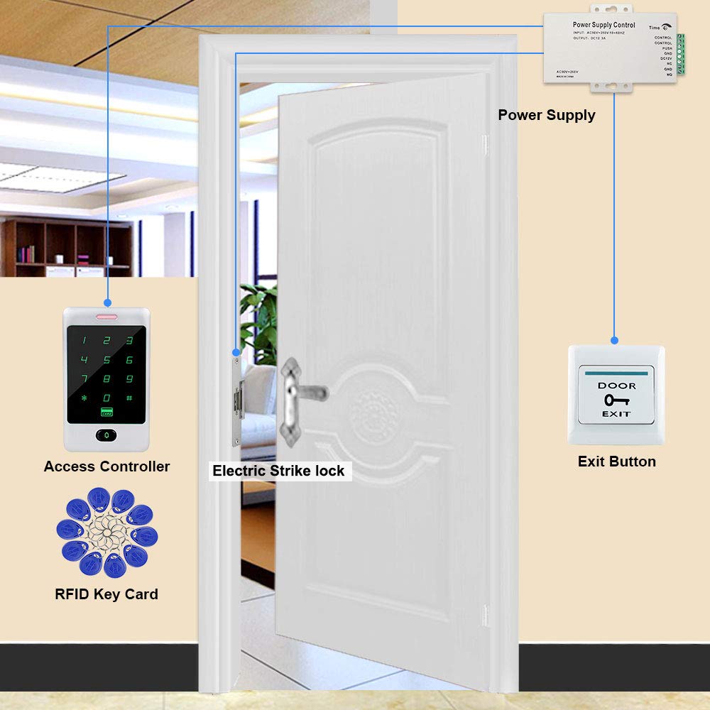 FST Kit Système de Contrôle d'accès de Porte RFID Clavier RFID Tactile en Métal + Serrure de gâche électrique NC + Alimentation de Contrôle d'accès + 15pcs Cartes pour la Maison