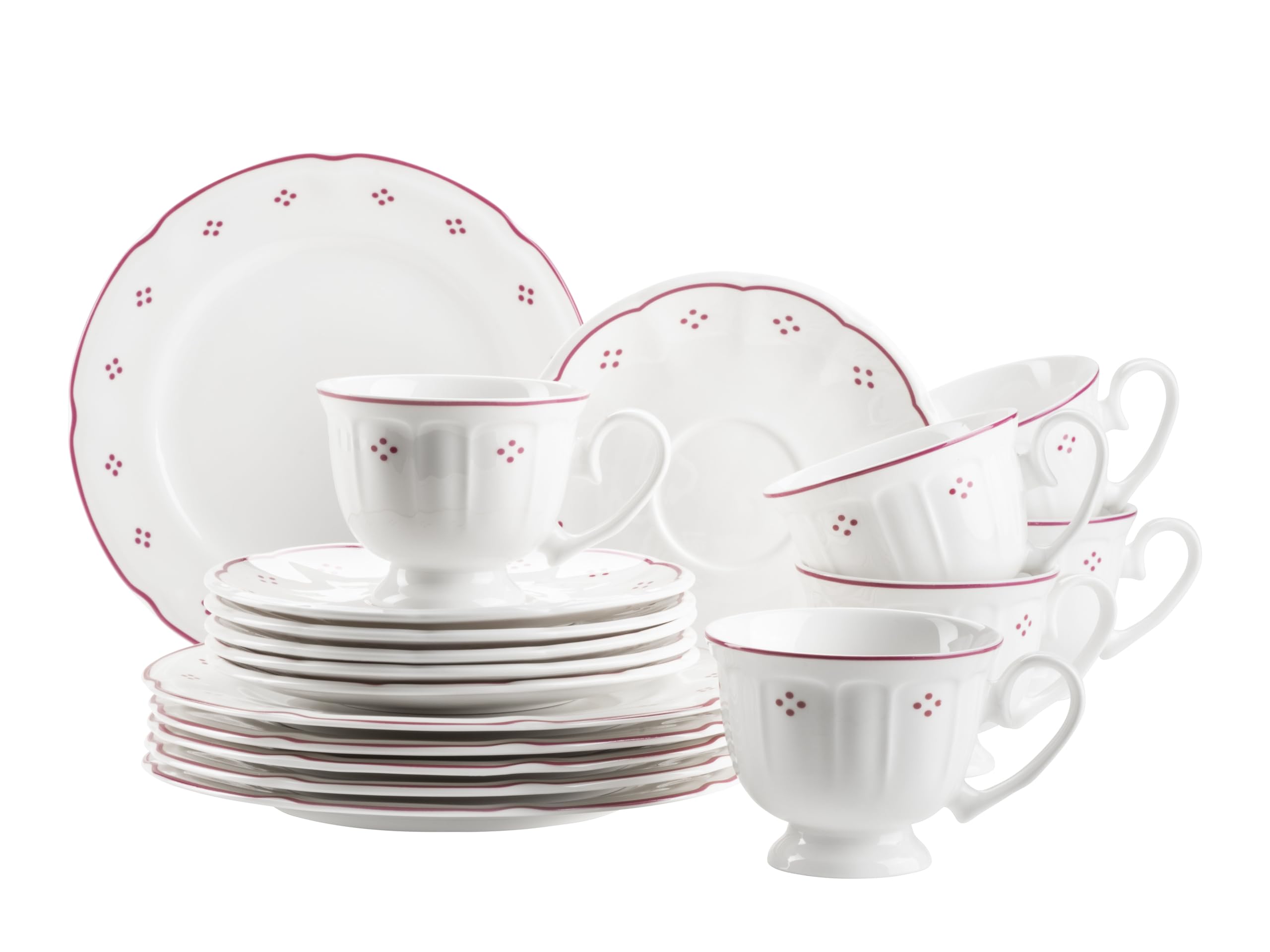 Mäser Seria Lova 18-częściowy serwis do kawy, porcelana – 6 talerzy deserowych 19,5 cm, 6 filiżanek 19 ml i 6 spodków 15,5 cm, czerwony