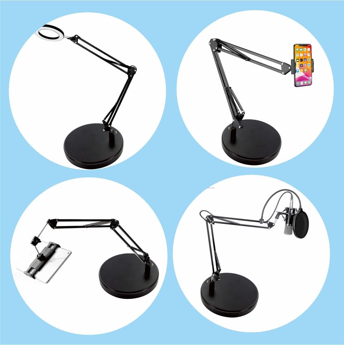 Desk Lamp Base: Round 7.5 inches Mounting Stand for desk lamps,Magnifying Glass With Light,Mic Arm Desk Mount,Swing Arm Desk Lamp,for home office ,Compatible for lk-1 cl-2(BLACK)