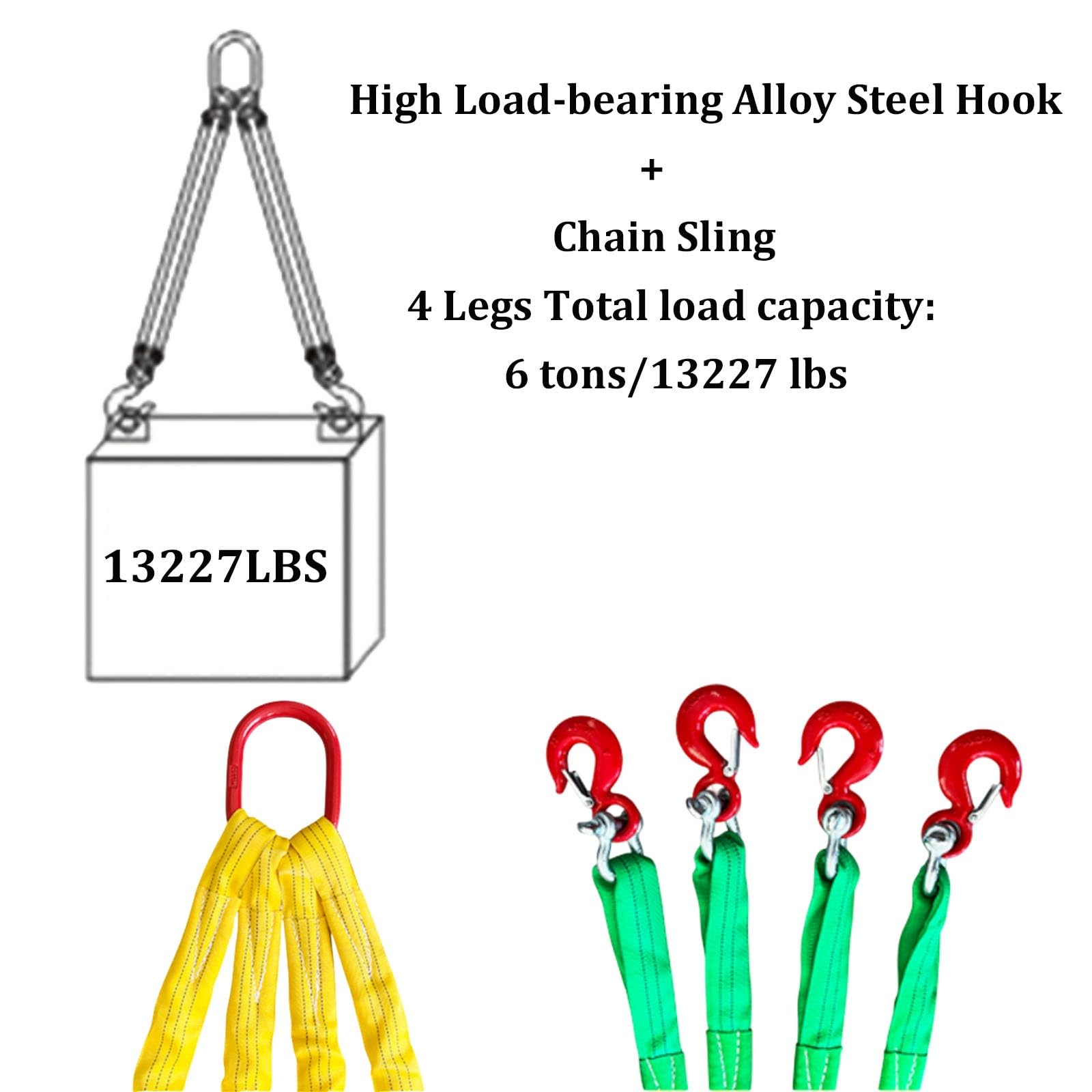 Hebebänder mit Haken, 4-strängiges Gurtgehänge (13.220 lbs / 6.000 kg) mit G80-Legierungsstahlhaken und Ring – für sicheres Heben und Schleppen, Grün(1m)