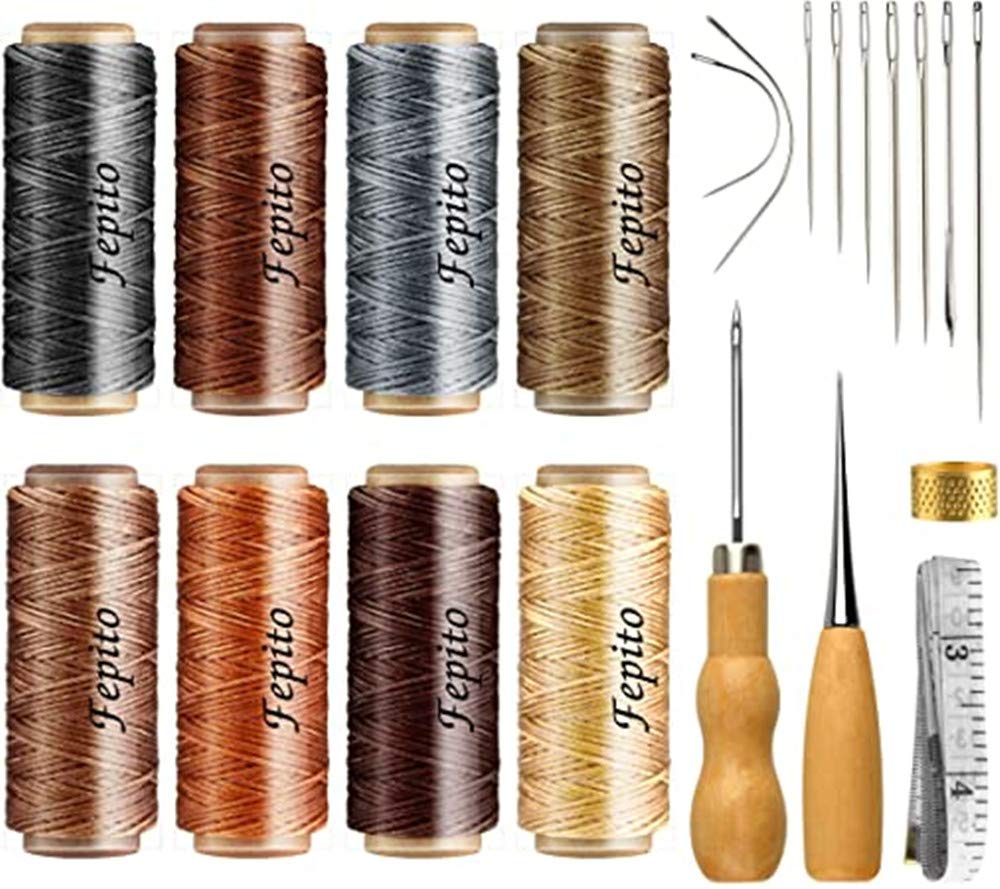 CHEEROYAL 21pcs Leather Waxed Thread 8 Color 264 Yards 150D Leather Sewing Waxed Thread Cord with Leather Craft Hand Tools Kit for DIY Sewing Craft