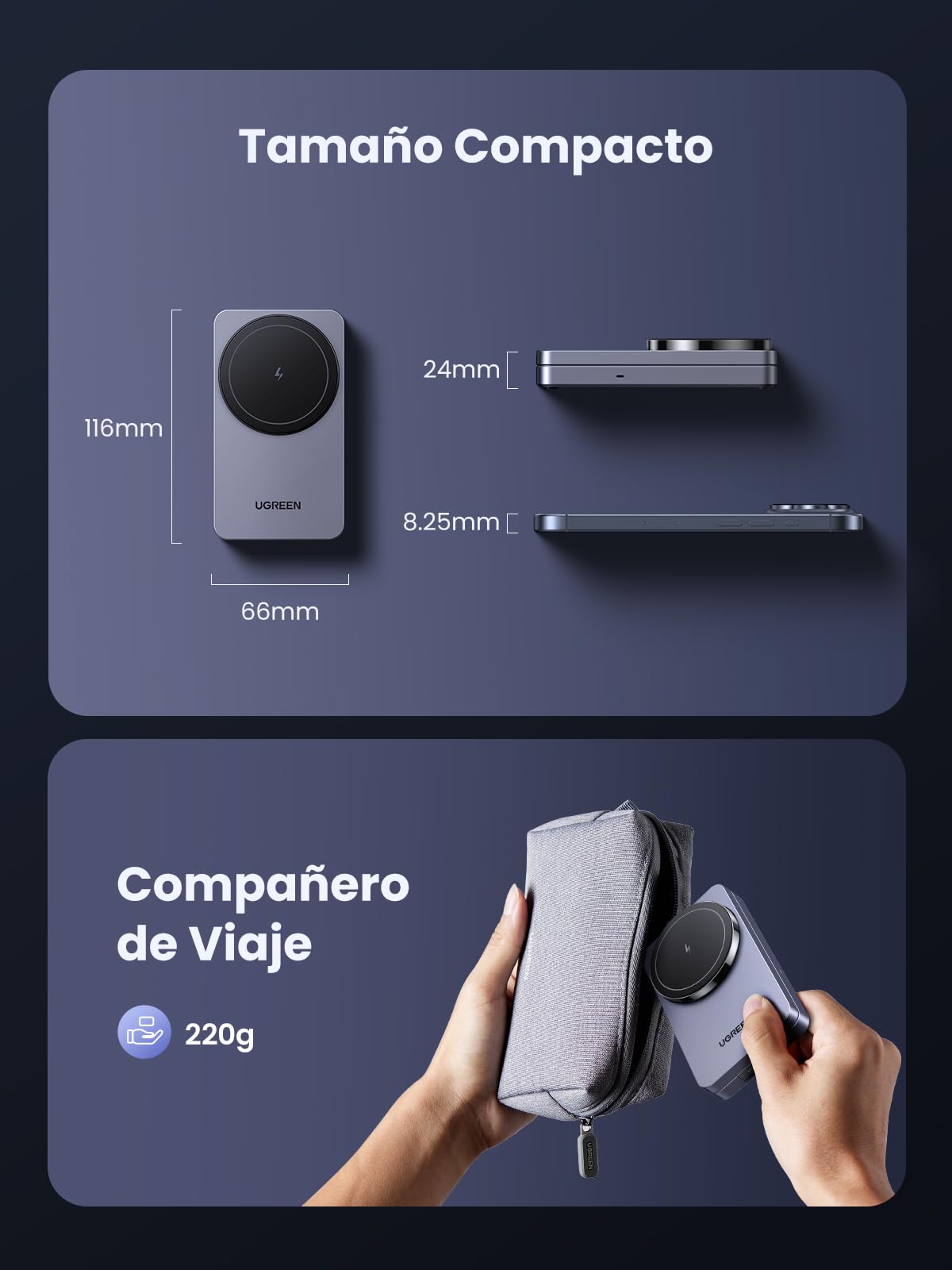UGREEN MagFlow Cargador Inalámbrico, Estación de Carga 2 en 1 Magnética, Compatible con iPhone 16/15/14/13/12 Series, AirPods Pro 2/3